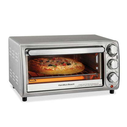 Hamilton Beach 4-Slice Toaster Oven, Stainless Steel, Compact Countertop Oven, Bake, Broil, Toast, Bagel & Keep Warm, 1100W, 31143J