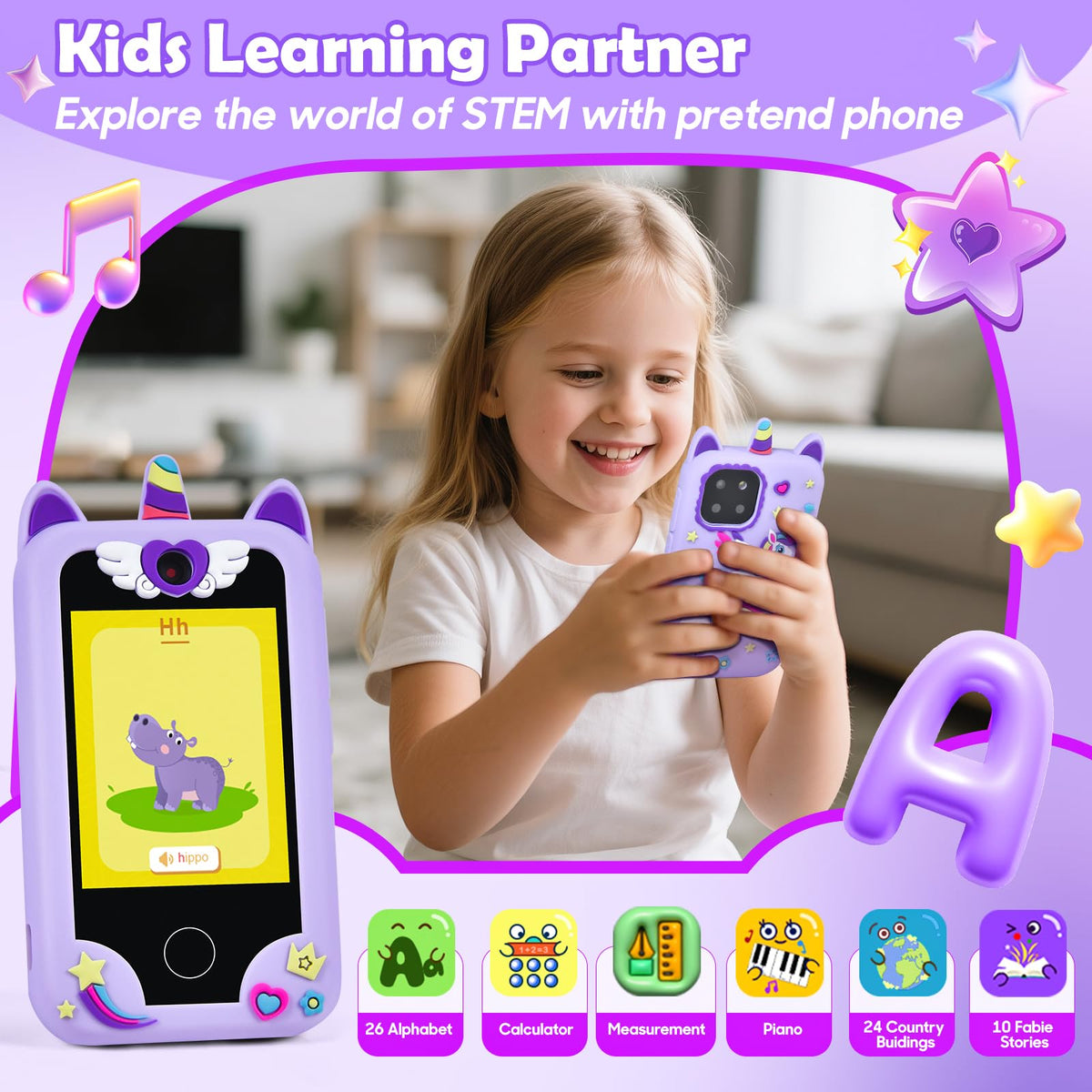 Jusvenmt Upgrade Kids Phone Toy for 3 4 5 6 7 8 Year Old, Christmas & Birthday Gift for Girls Ages 3-10, Touchscreen Toddler Smartphone with 44 Games, Dual Camera, MP3 Player, 32GB Card, Bag Purple 🍁 All In One Marketplace Canada