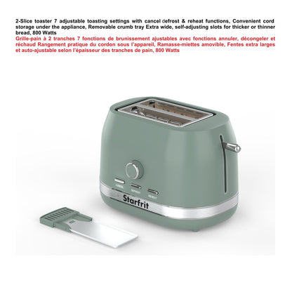 Starfrit 2-Slice Toaster – 7 Adjustable Browning Levels – Removable Tray – 850W - Sage - Available at All In One Marketplace Canada