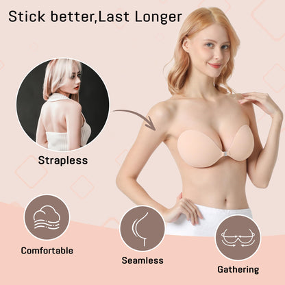 GKHWON Adhesive Bra Strapless Backless Invisible Push Up Sticky Bra with Silicone Nipple Covers Reusable Beige+Black A