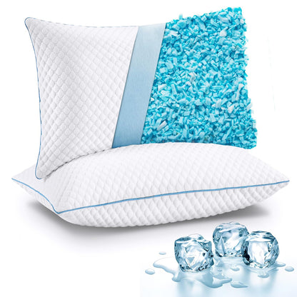 VVZ Cooling Shredded Memory Foam Pillows Queen Size 2 Pack, Adjustable Firm Bed Pillows for Side Back Stomach Sleepers, Luxury Gel Pillow for Hot Sleepers with Breathable Washable Cover - Available at All In One Marketplace Canada