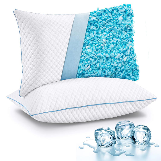 VVZ Cooling Shredded Memory Foam Pillows Queen Size 2 Pack, Adjustable Firm Bed Pillows for Side Back Stomach Sleepers, Luxury Gel Pillow for Hot Sleepers with Breathable Washable Cover - Available at All In One Marketplace Canada
