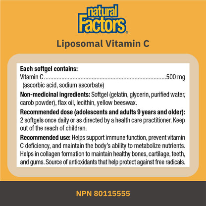 Natural Factors Liposomal Vitamin C, HIGH ABSORPTION, 180 Liquid Softgels, 1000 mg per Serving (2 Softgels), Immune Support, Antioxidants, Proudly Canadian - Available at All In One Marketplace Canada