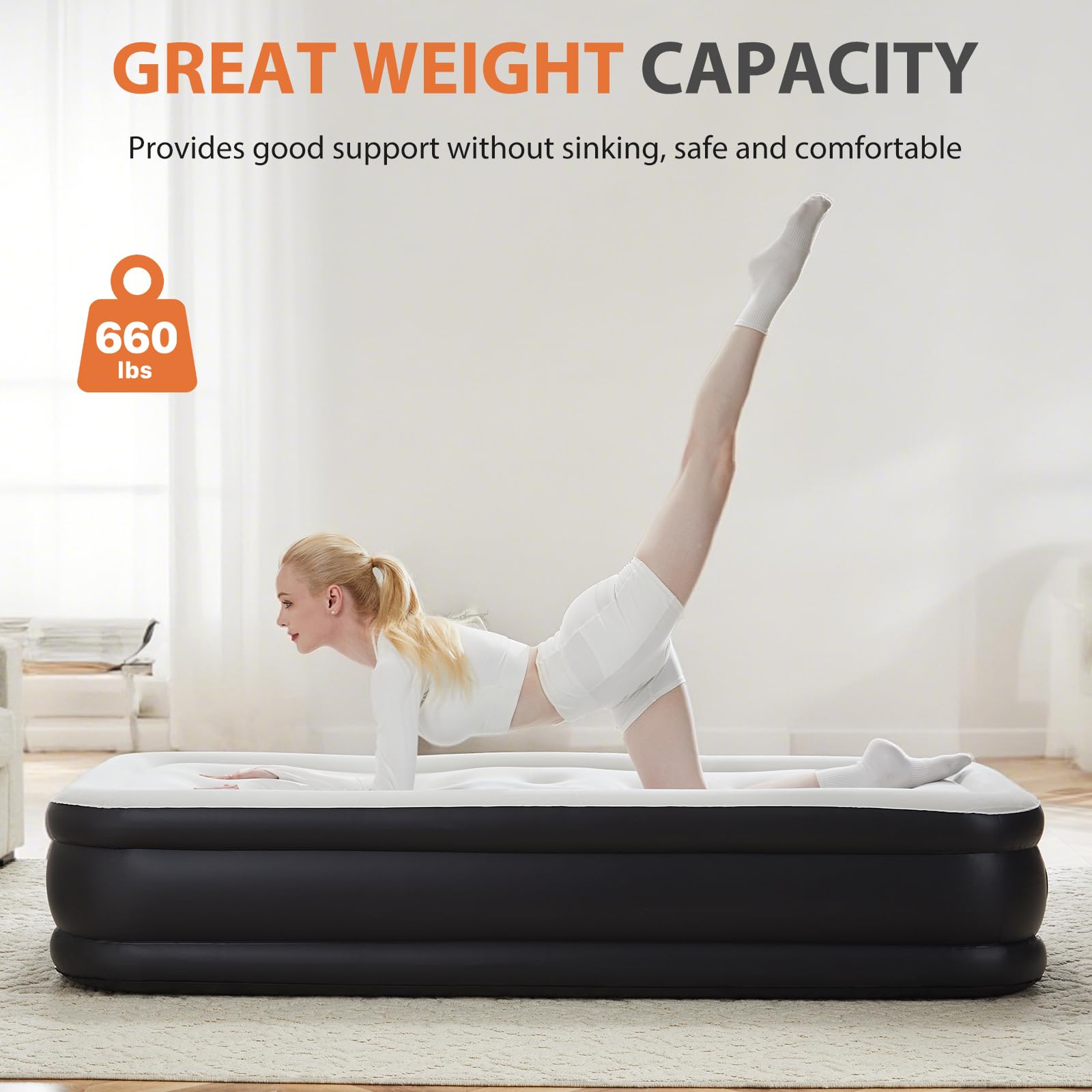 Sweetcrispy Twin Air Mattress, 18" Inflatable Blow Up Airbed with Built-in High Capacity Pump, Double Height, Non-Slip Bottom Design, Weight Capacity 660 lbs Air Bed for Home or Camping Sweetcrispy