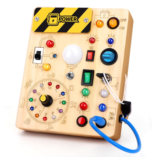 Busy Board Plus Version with 23 LED Lights, Montessori Sensory Fidget Toys for Toddlers 1-3, Wooden Educational Activity for Fine Motor Skills, Quiet Airplane Travel Must Haves for 1 2 3+ Year Old