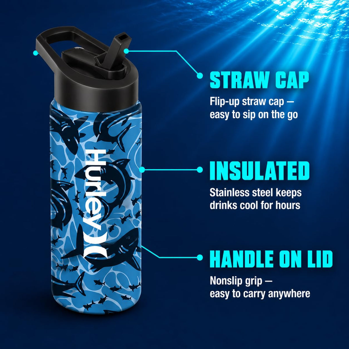 Hurley 3D Shark Design 16Oz Straw Cap Ss. Sports Bottle