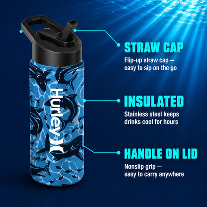 Hurley 3D Shark Design 16Oz Straw Cap Ss. Sports Bottle