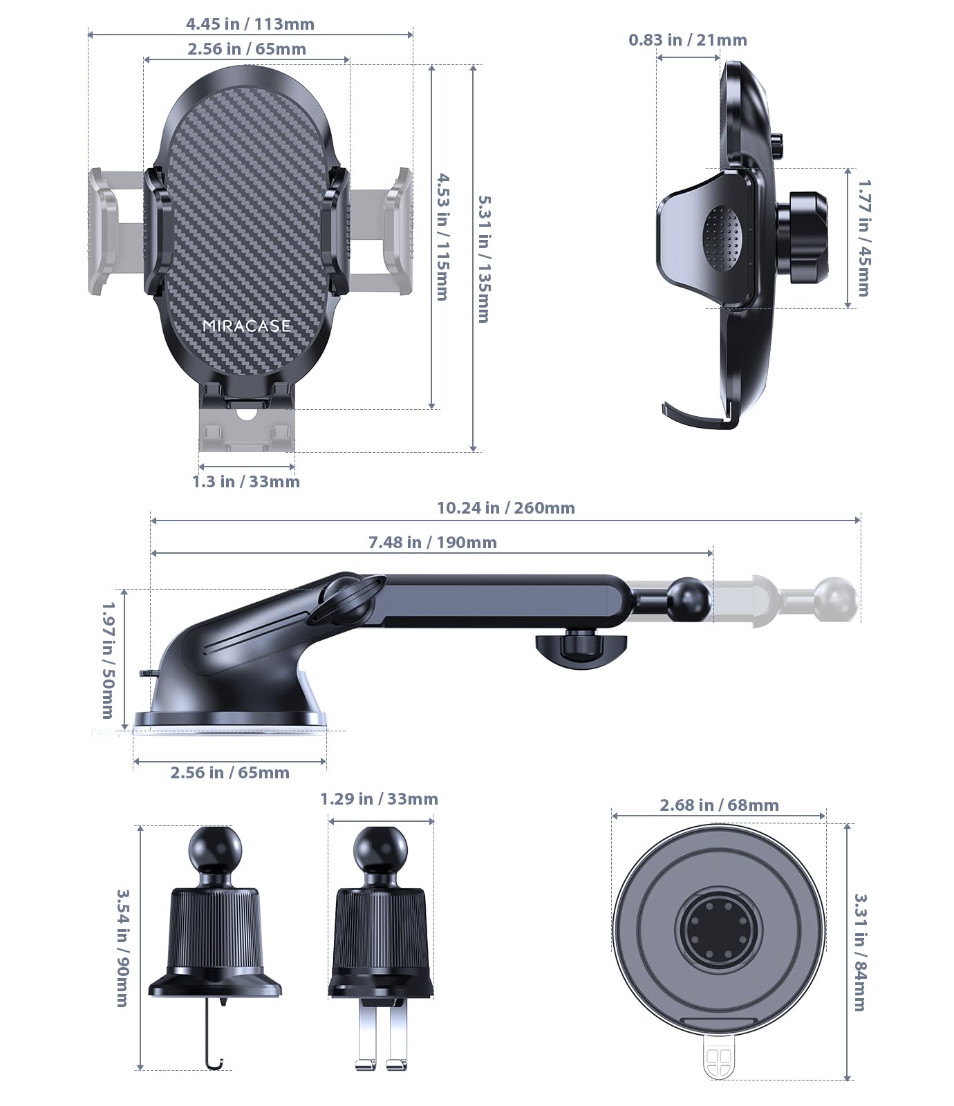 Miracase [2026 Upgraded Strong Military Grade Suction Cup] Car Phone Holder for Cars Dashboard Windscreen Air Vent Desk, 4 in 1 Mobile Phone Mount Automobile Cradle Stand for All Smartphones