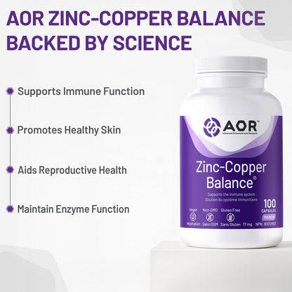 AOR Zinc Copper Balance 17mg, 100 V-Caps, 100-Day Supply - Nutrient Support for Skin, Hair, Bone & Overall Wellness, NON-GMO & Gluten-Free, Easy-to-Swallow, Zinc & Copper Supplements for Men & Women - Available at All In One Marketplace Canada
