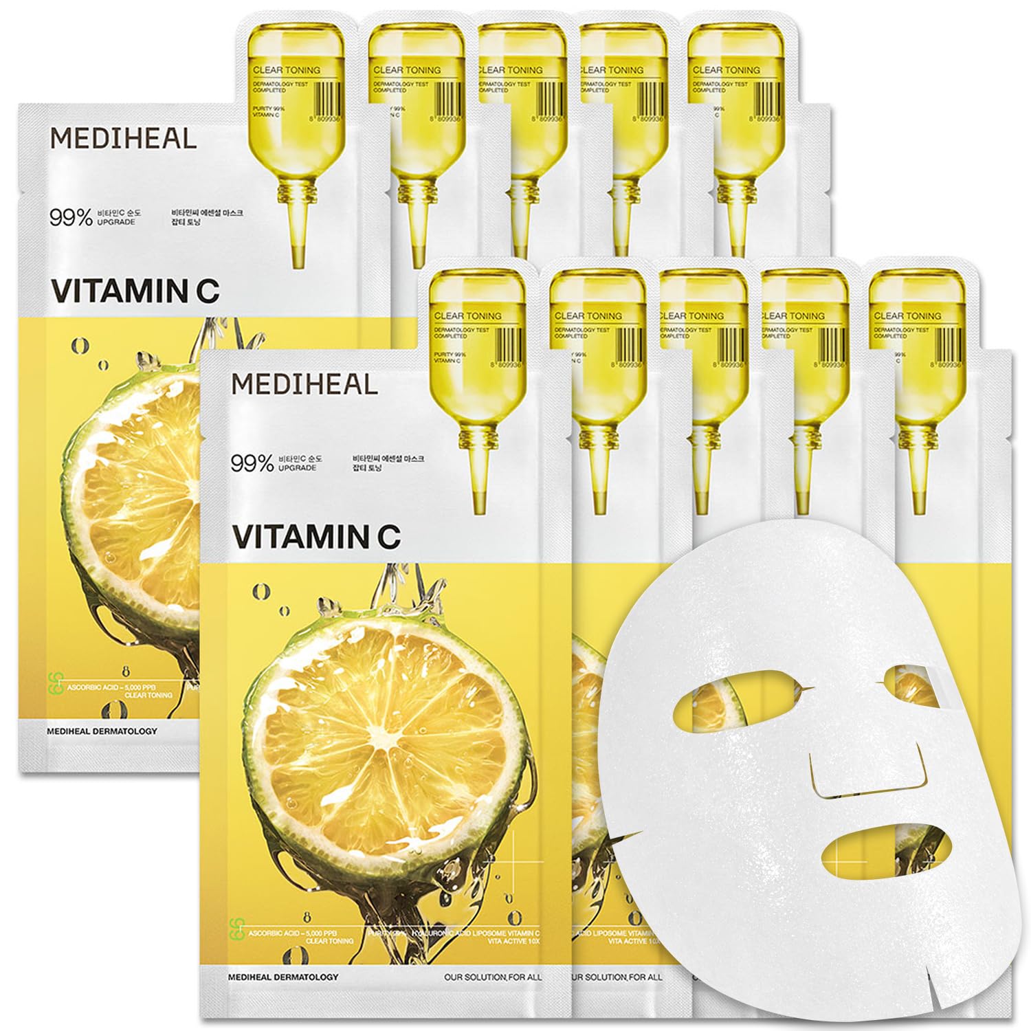 MEDIHEAL Vitamin C Essential Face Mask - Brightening & Hydrating Facial Mask for Blemish & Uneven Skin Tone, Clear Toning with Niacinamide, Vegan, Korean Skincare for Women (10 Sheets)