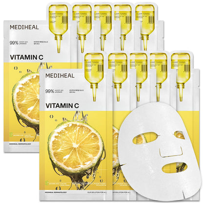 MEDIHEAL Vitamin C Essential Face Mask - Brightening & Hydrating Facial Mask for Blemish & Uneven Skin Tone, Clear Toning with Niacinamide, Vegan, Korean Skincare for Women (10 Sheets)