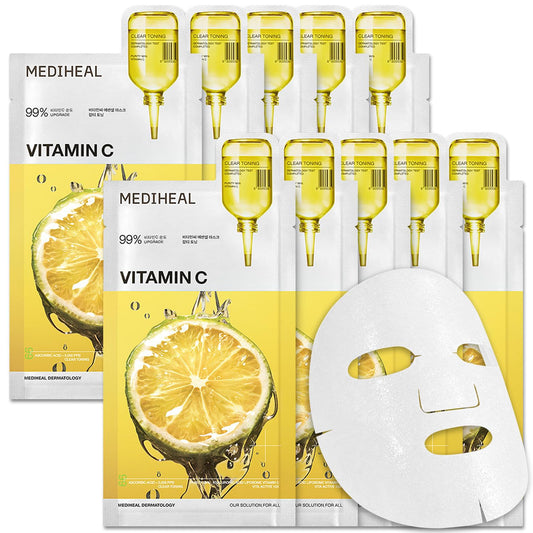 MEDIHEAL Vitamin C Essential Face Mask - Brightening & Hydrating Facial Mask for Blemish & Uneven Skin Tone, Clear Toning with Niacinamide, Vegan, Korean Skincare for Women (10 Sheets)
