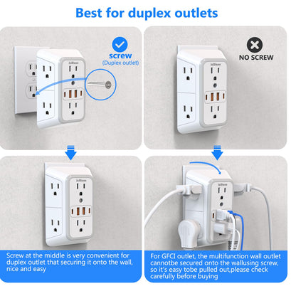 2 Pack Outlet Extender Surge Protector, 6 Outlet Splitter with 4 USB Outlet (2 USB A,2 USB C), 3Sided Power Strip with Adapter Spaced Outlets for Home, Office, Travel(White)