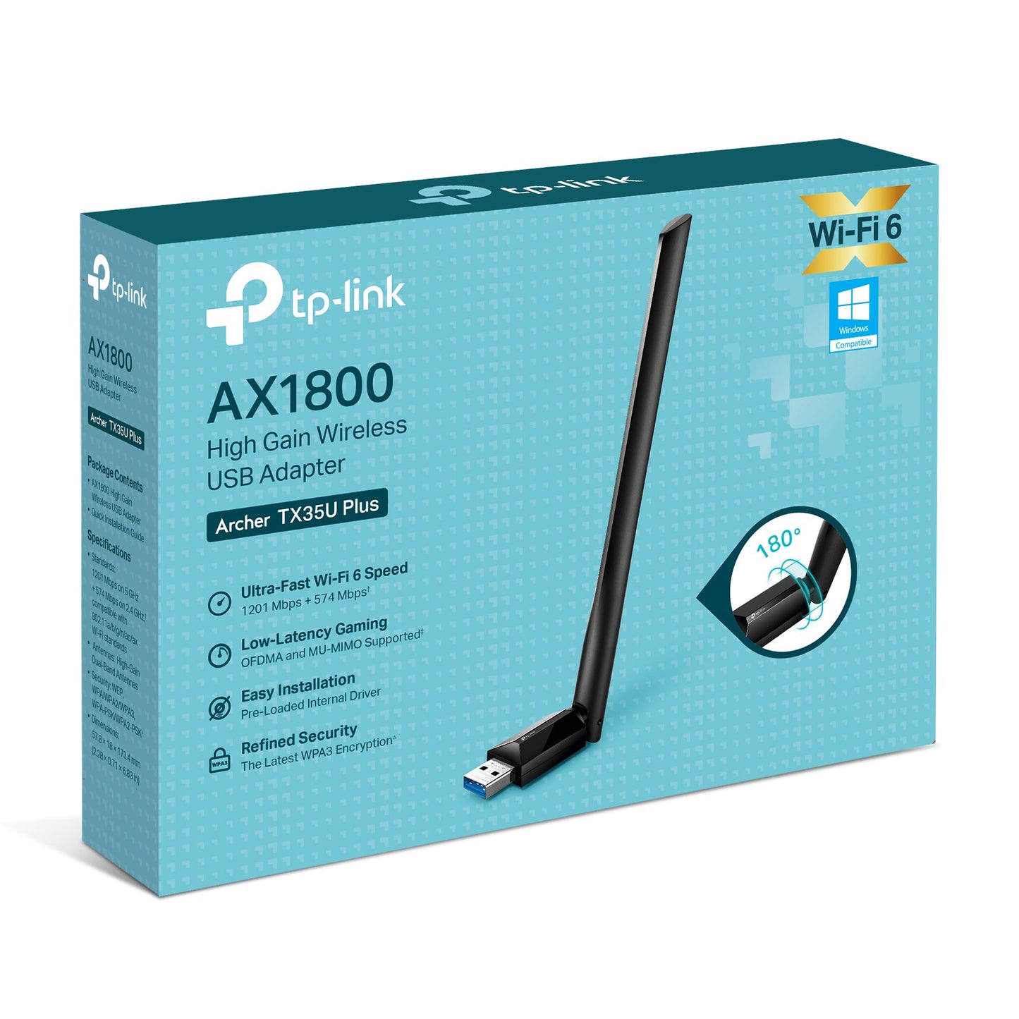 TP-Link AX1800 WiFi 6 High Gain Wireless USB Adapter for PC (Archer TX35U Plus) - Ultra-Fast Speed OFDMA & MU-MIMO Supported, 2.4GHz/5GHz High-Gain Dual Band Antennas, Pre-Loaded Internal Driver, WPA3