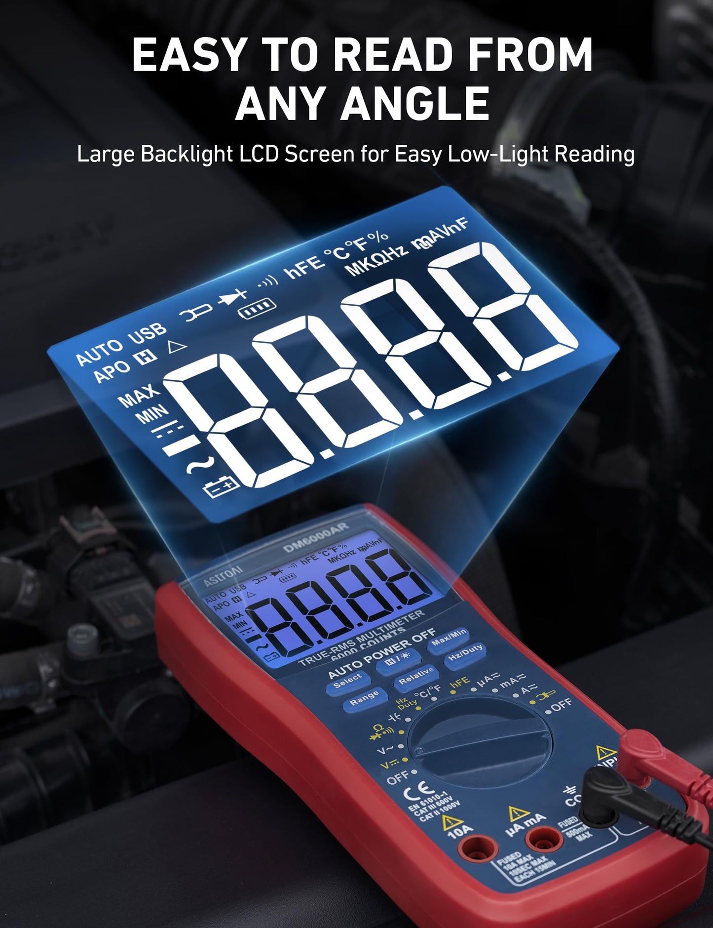 AstroAI Digital Multimeter 6000, Multi Meter - Measures Voltage, Current, Resistance, Continuity, Capacitance, Diode, Temperature – Voltmeter with Backlit LCD, Data Hold, Safety Rated CAT III, Blue