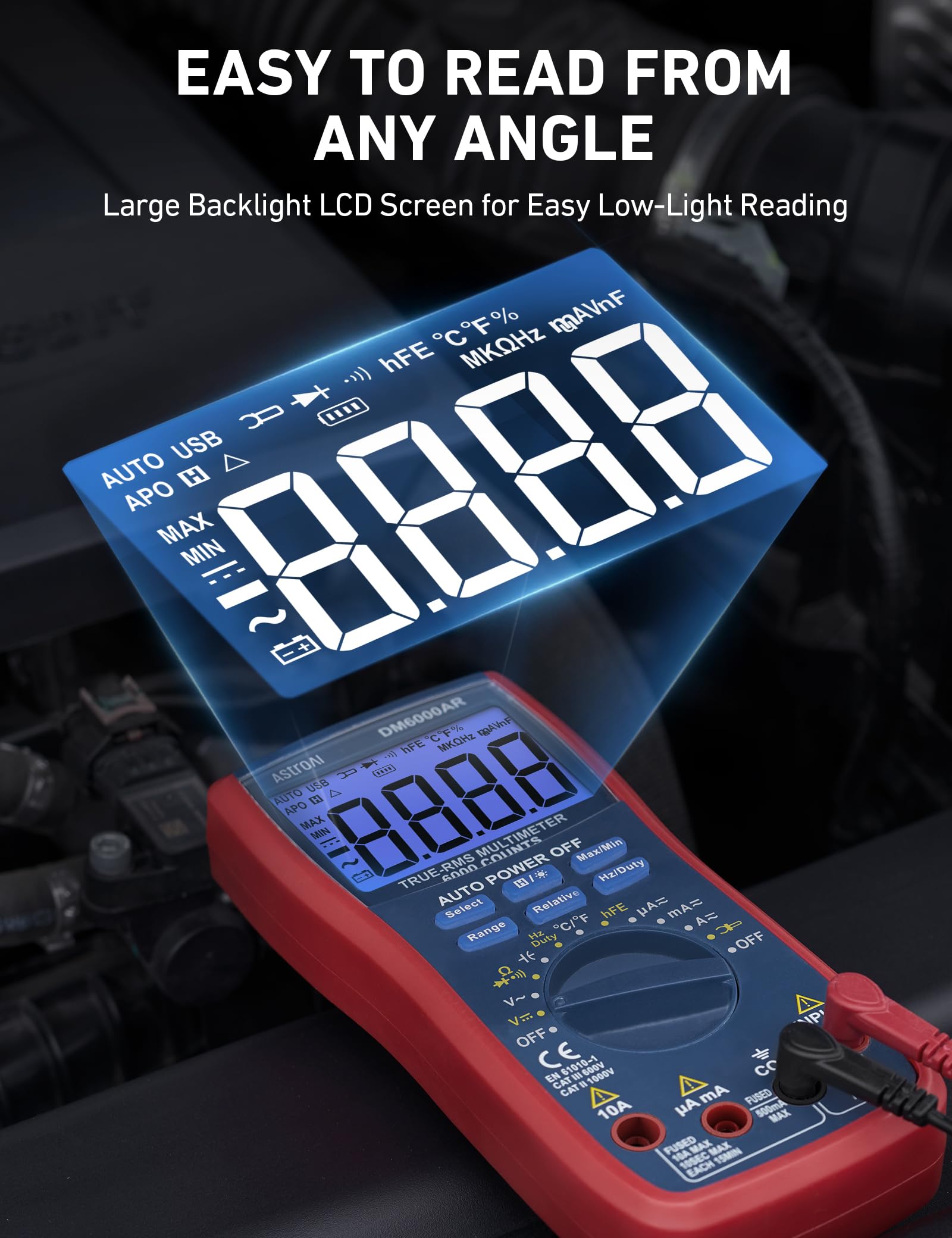 AstroAI Digital Multimeter 6000, Multi Meter - Measures Voltage, Current, Resistance, Continuity, Capacitance, Diode, Temperature – Voltmeter with Backlit LCD, Data Hold, Safety Rated CAT III, Blue