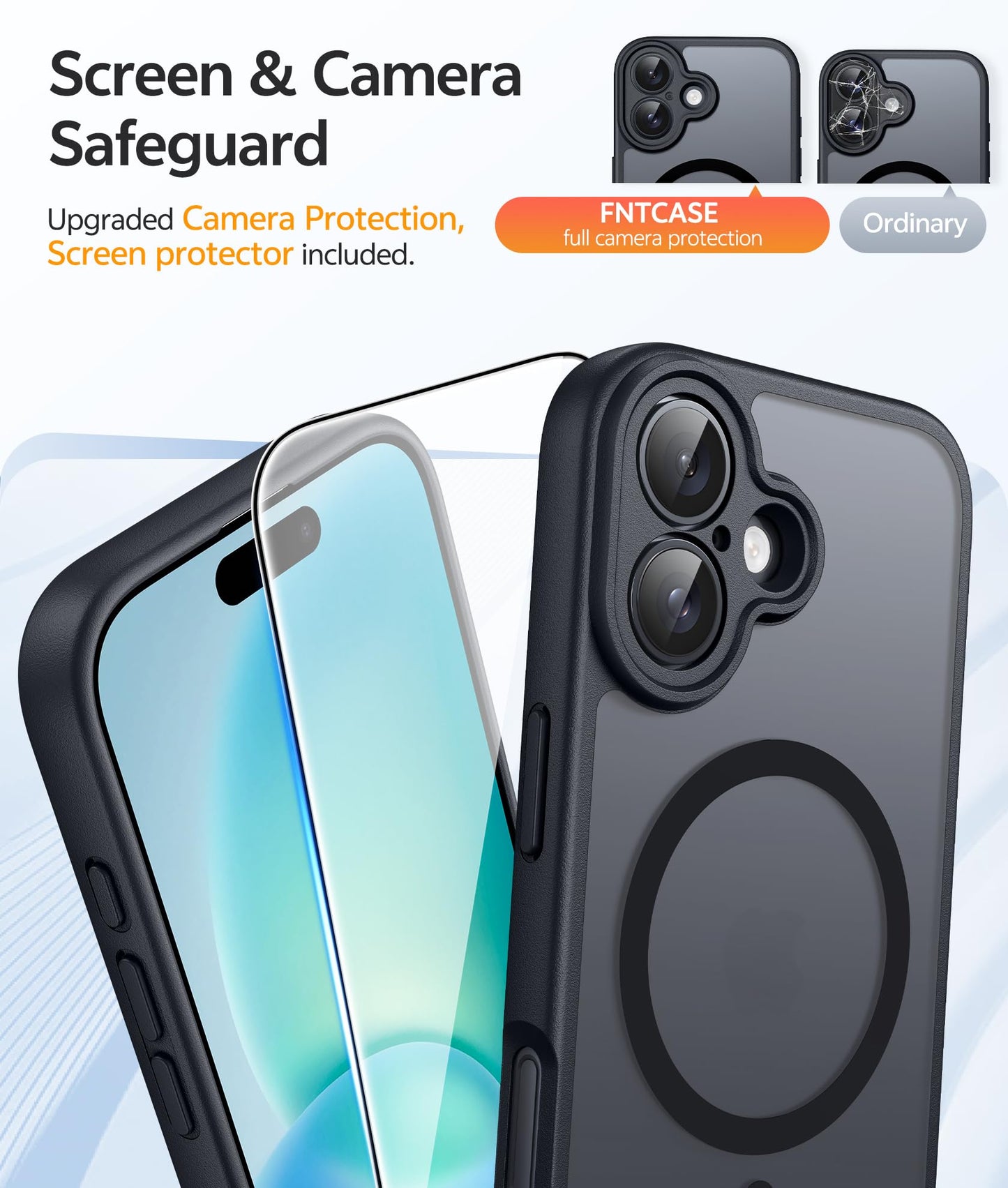 FNTCASE for iPhone 16 Phone Case: Magnetic Translucent Matte [Full Covered Camera Protection] [Screen Protector] Military Grade Shockproof Slim Cover Drop Proof Protective Cases - Black