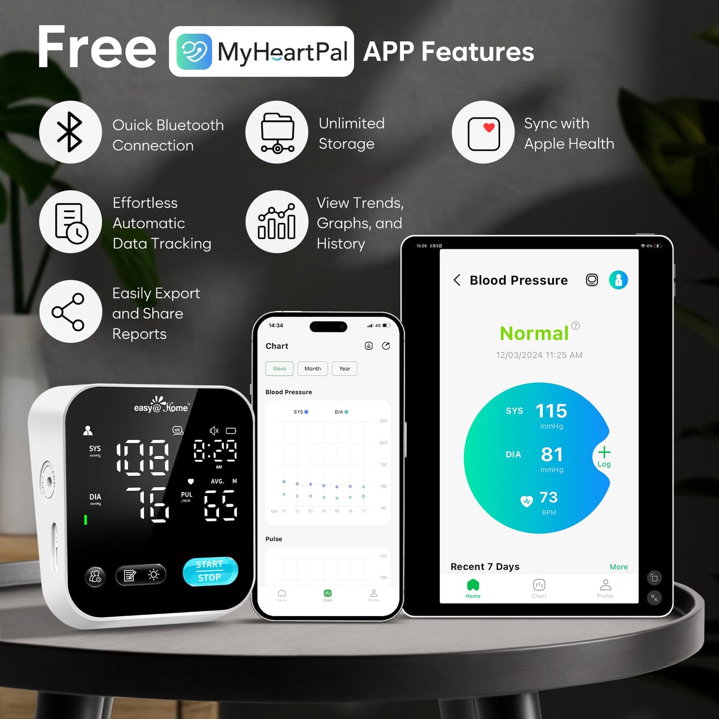 Bluetooth Blood Pressure Machine for Home Use – Easy@Home Smart BP Monitor with Free MyHeartPal App, Voice Function & LED Screen, Supports Apple & Android Devices, EBP-703T - Available at All In One Marketplace Canada