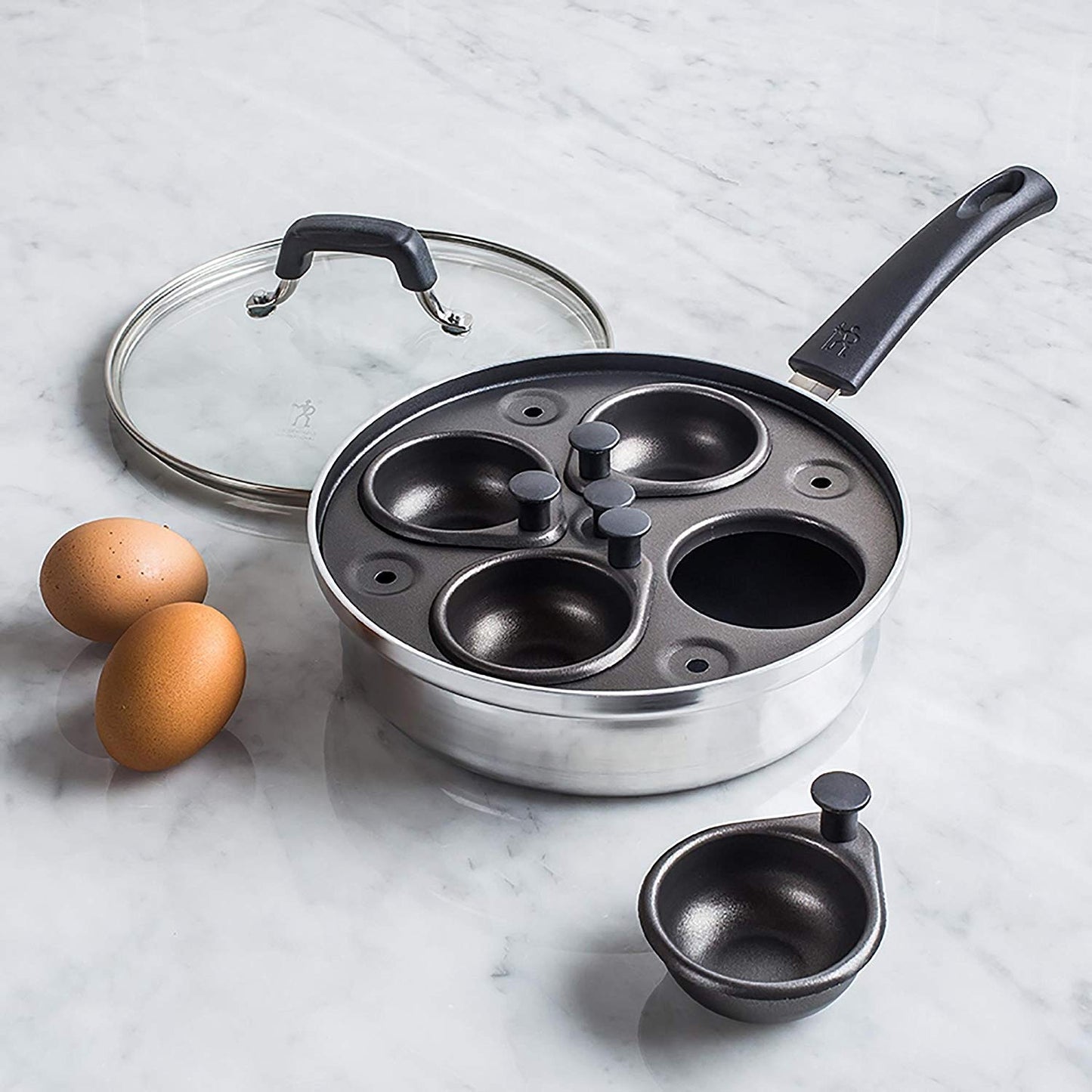 HENCKELS Non-Stick 4 Cup Egg Poacher with Glass Lid, Silver, Black, HENCKELS