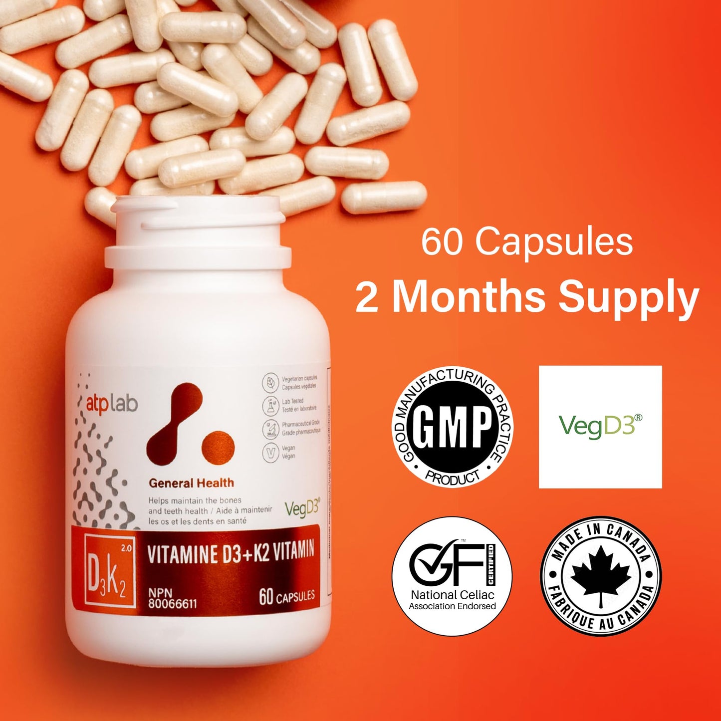 ATP LAB Vitamin D3K2 Supplement - 60 Vegetarian Capsules - 60 Day Supply - Plant-Based K2 MK-7 60 mcg & D3 1000 IU - Supports Bone & Teeth Health - Available at All In One Marketplace Canada