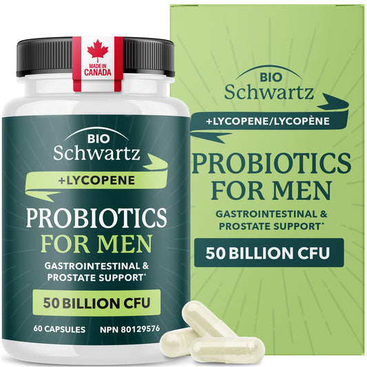 Probiotics for Men | Gut Health & Prostate Support | 50 Billion CFU with 15 Probiotic Strains | With Lycopene for Prostate Support | Men’s Gut Health Supplements | Non-GMO | Made in Canada | 60 Ct
