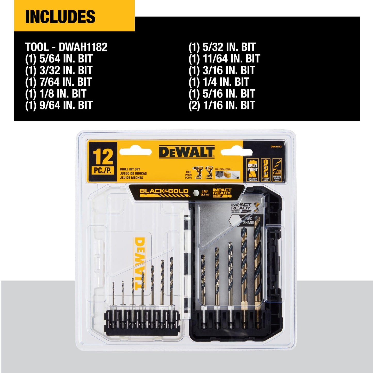 DEWALT 12 Pc Black and Gold Drill Bit Set, Premium Finish Impact Driver Bit Set for Metal, Plastic and Wood (DWAH1182) (DWAH1182) DEWALT