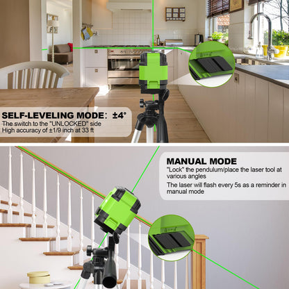 Huepar Self Leveling Laser Level with Tripod, 98Ft Green Cross Line Laser Leveler Tool for Picture Hanging, Tile, Home Renovation, Indoor Project, Battery Included, 40in Tripod - Available at All In One Marketplace Canada