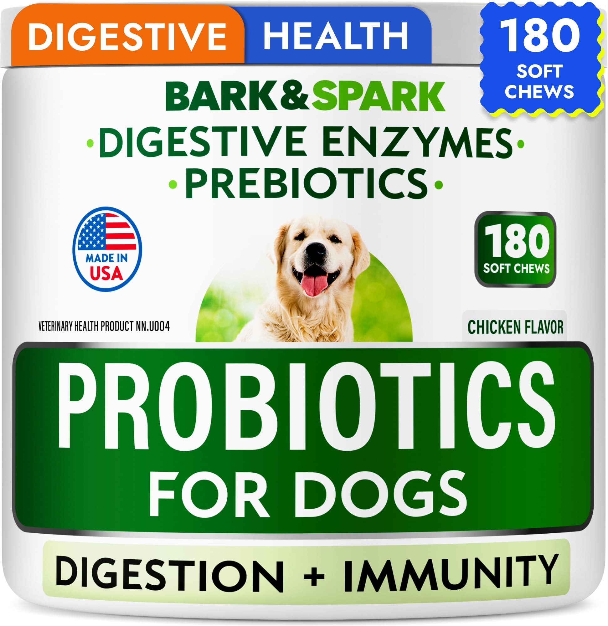 Probiotics for Dogs - Gas, Diarrhea, Allergy, Constipation, Upset Stomach Relief, w/Digestive Enzymes + Prebiotics - Chewable Supplement - Improve Digestion, Immunity - Dog Probiotics Chews - 180Ct