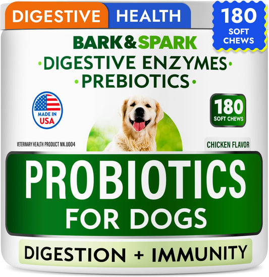 Probiotics for Dogs - Gas, Diarrhea, Allergy, Constipation, Upset Stomach Relief, w/Digestive Enzymes + Prebiotics - Chewable Supplement - Improve Digestion, Immunity - Dog Probiotics Chews - 180Ct