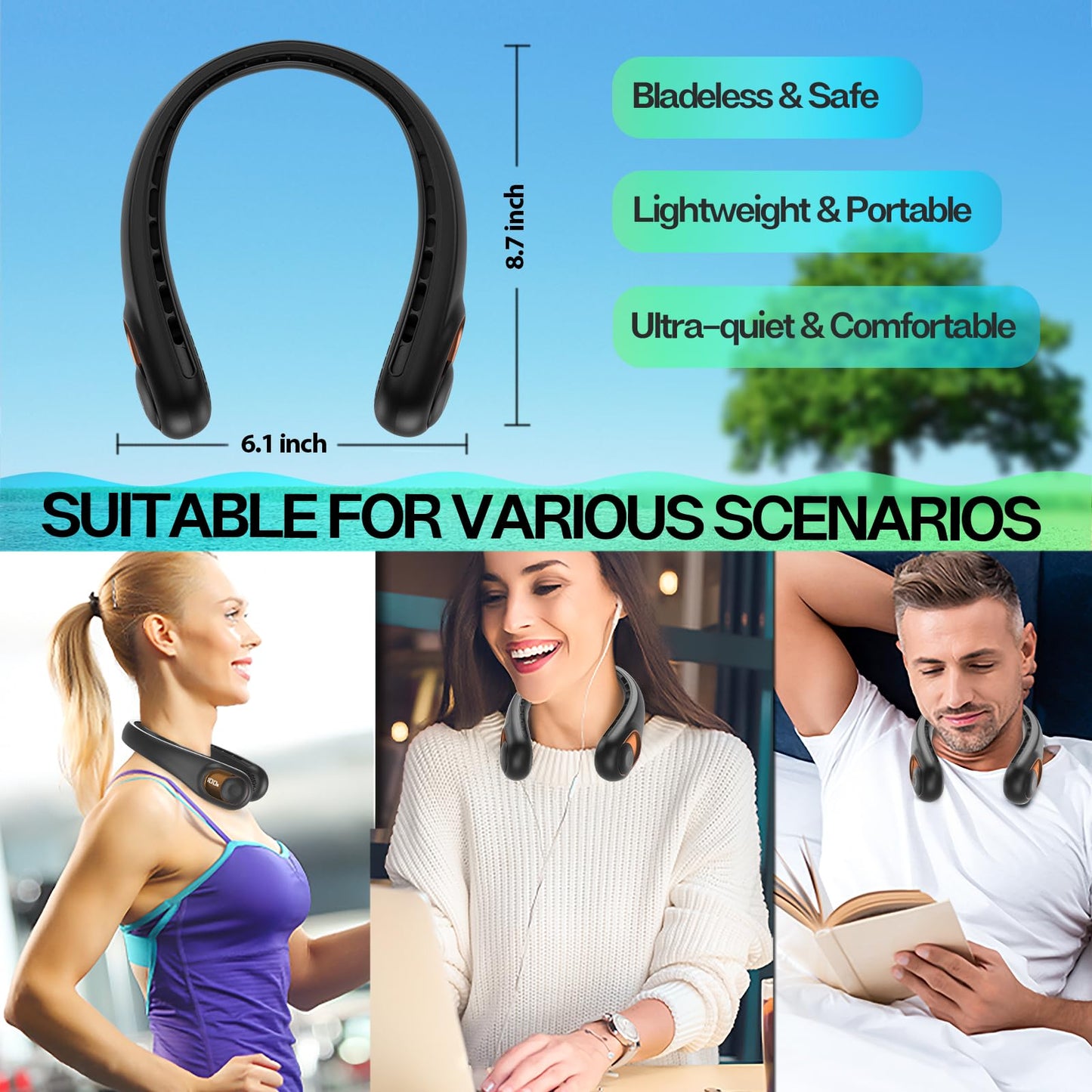 Portable Neck Fan with LED Display & 360° Cooling Airflow, 3 Speed Settings Bladeless Cooler, 4000mAh Rechargeable Battery, Ultra-Quiet Personal Fan for Home, Office, Travel, Sports - Available at All In One Marketplace Canada