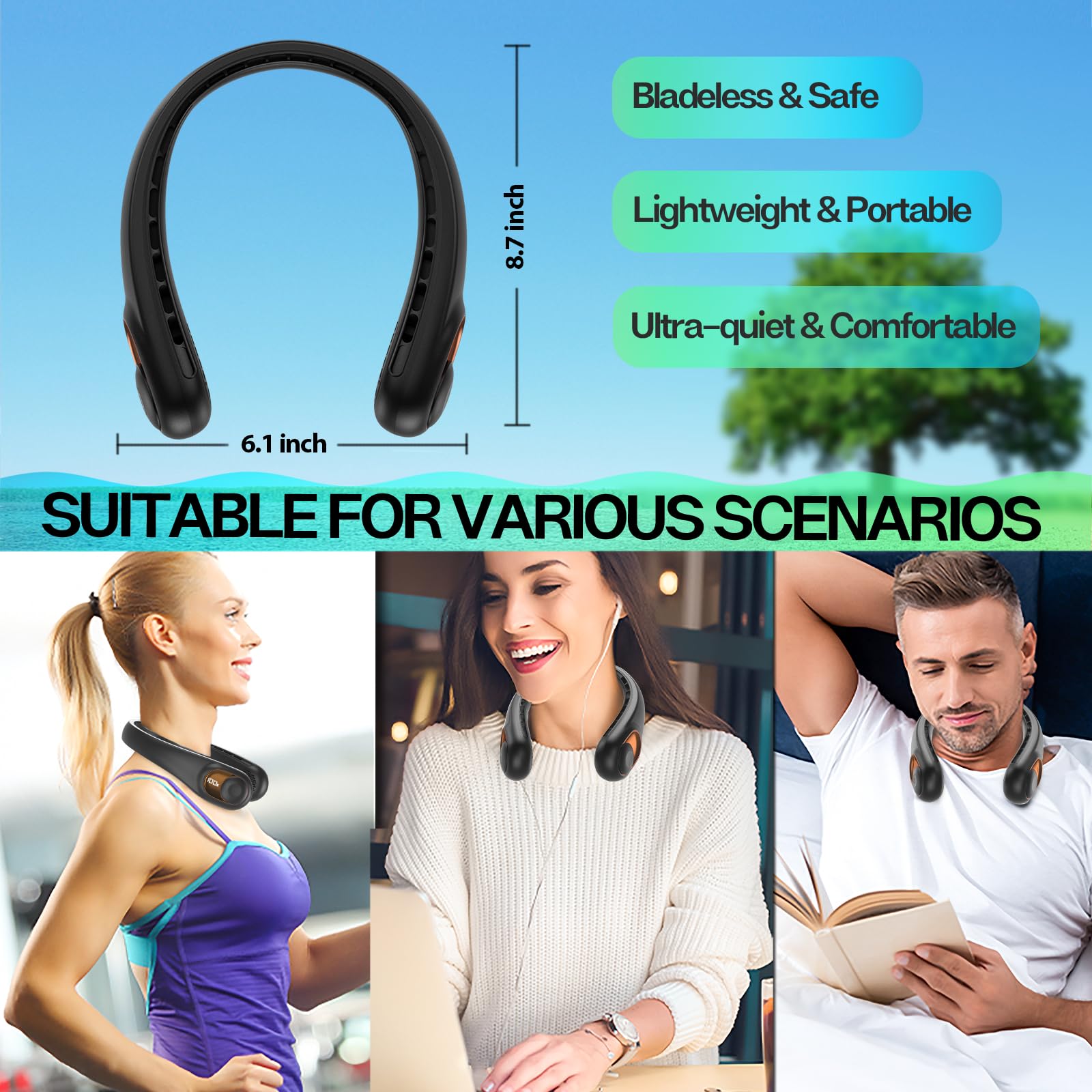 Portable Neck Fan with LED Display & 360° Cooling Airflow, 3 Speed Settings Bladeless Cooler, 4000mAh Rechargeable Battery, Ultra-Quiet Personal Fan for Home, Office, Travel, Sports - Available at All In One Marketplace Canada