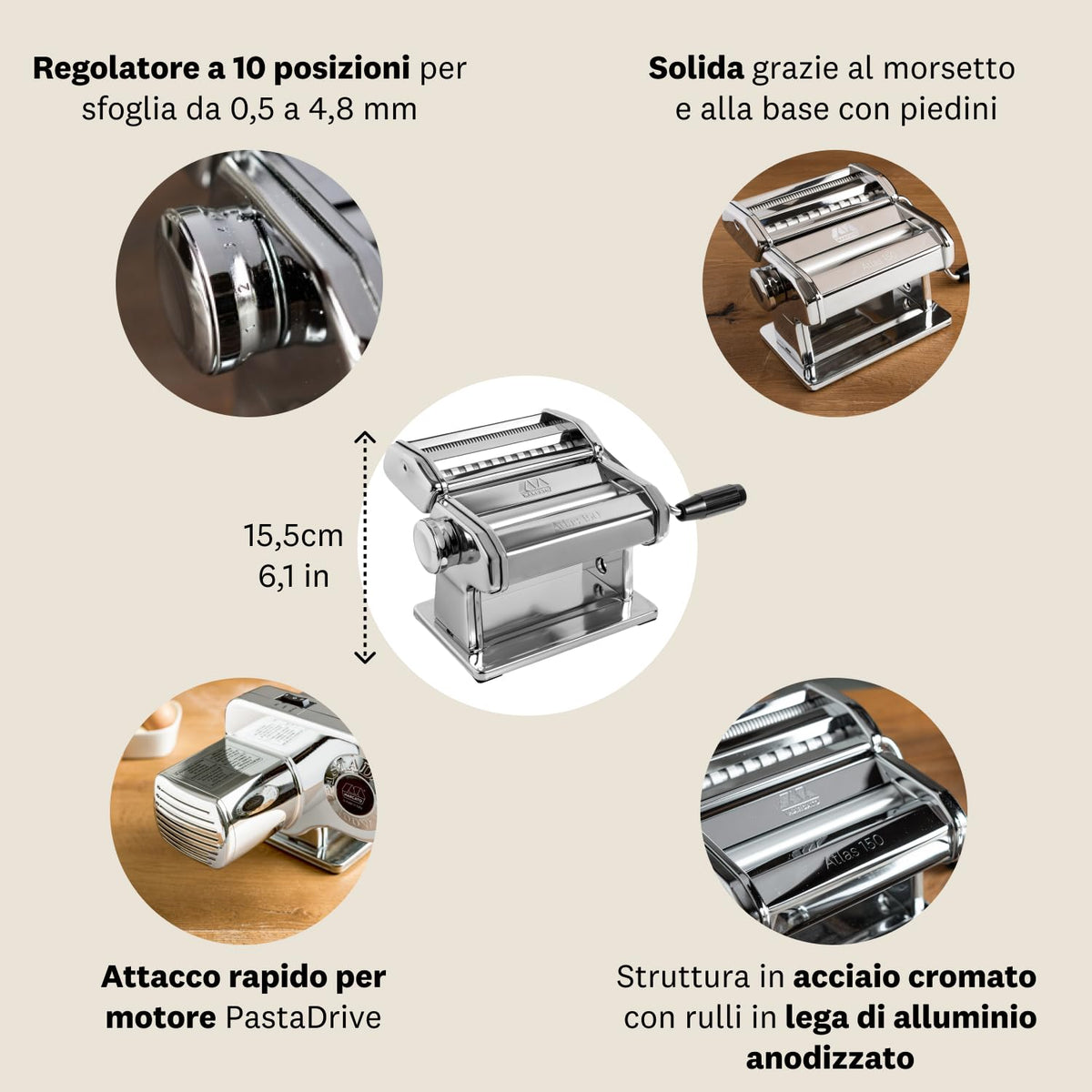 MARCATO Atlas 150 Pasta Maker Machine, Made in Italy, Italian Manual Noodle Maker and Pasta Roller, 150 mm Chrome Design for Homemade Dough Sheets and Custom Thickness Control