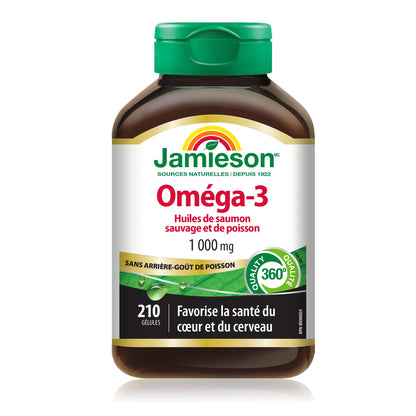 Jamieson Wild Salmon & Fish Oil 1,000 mg, No Fishy Aftertaste, Supports Heart Health and Brain Health. With Wild Alaskan Salmon, EPA, and DHA, Non-GMO, Gluten-Free, Proudly Canadian, 210 Softgels Jamieson