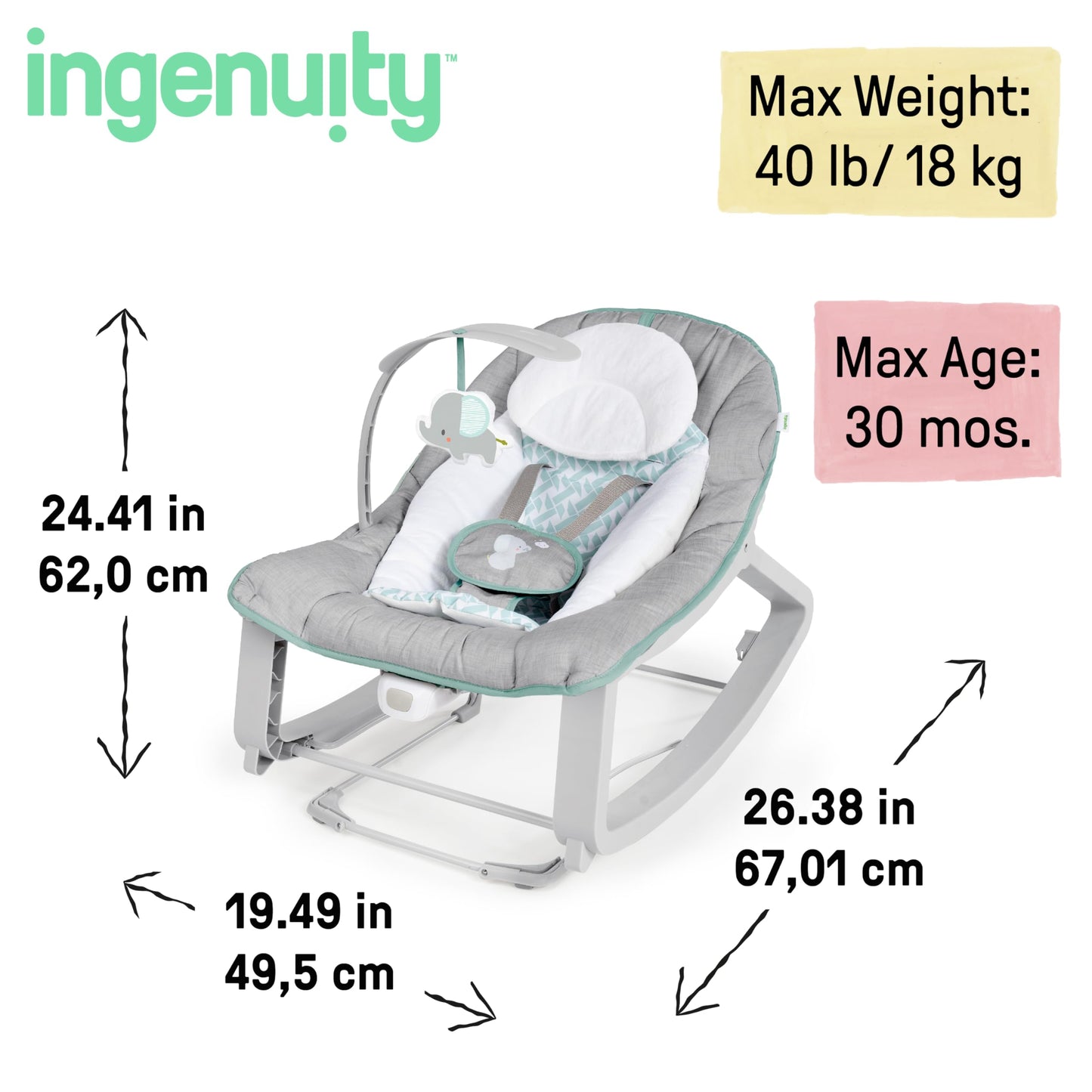 Ingenuity Keep Cozy 3-in-1 Grow with Me Vibrating Baby Bouncer, Seat & Infant to Toddler Rocker, Vibrations & Toy Bar, 0-30 Months Up to 40 lbs (Weaver)
