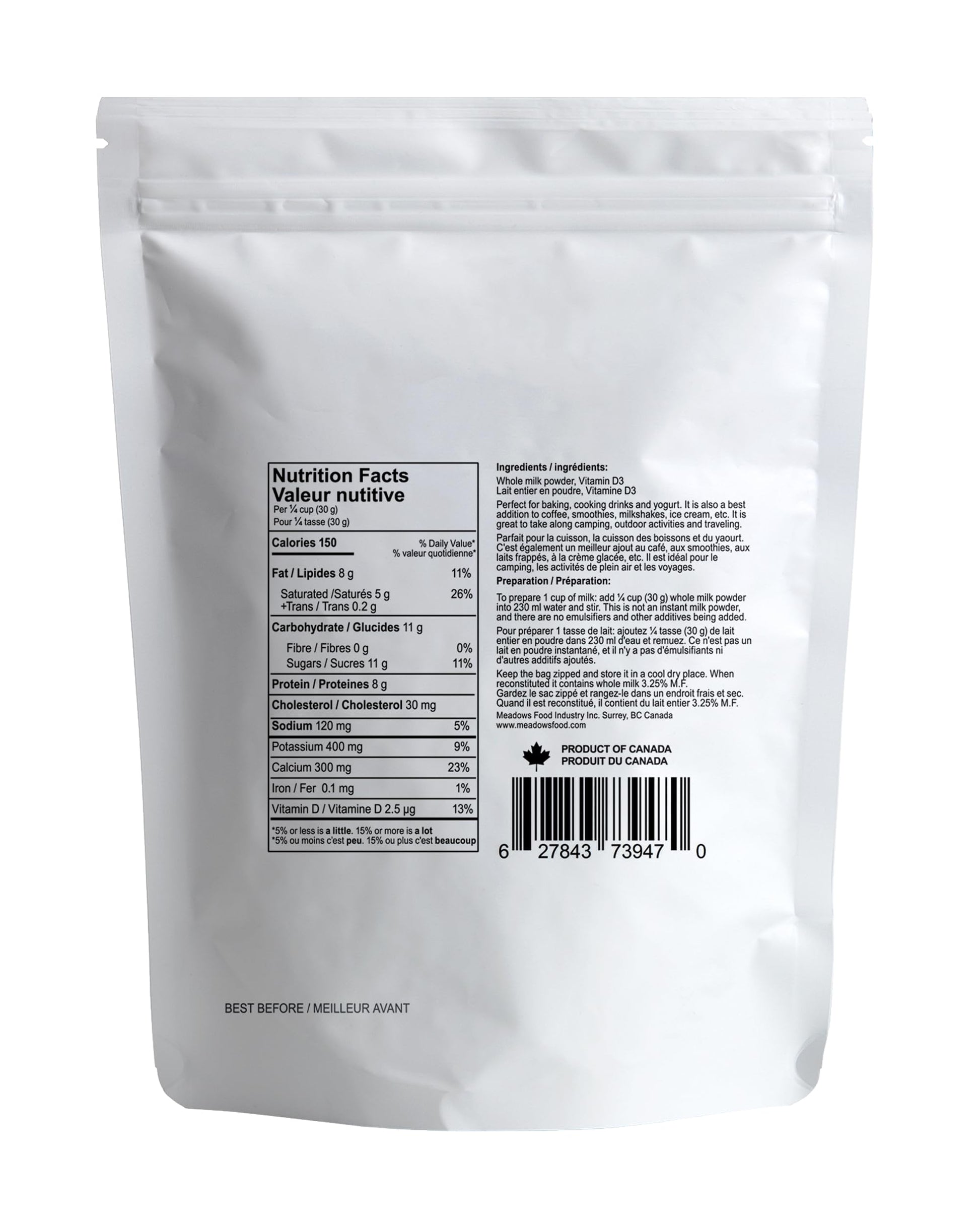 The Meadows Whole Milk Powder Multipack – rBGH and rBST Free, Antibiotic Free – Canadian Made (2x500g)