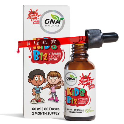 GNA Naturals Kids Vitamin B12 with Folate Supplement, 60ml - VitaminB12 Methylcobalamin 1000 mcg - Liquid Drops for Kids - Cherry Flavour- Methyl B12 Folate Supplement - Vitamin-B12-Complex – Vegan – For energy, metabolism and supports memory– Made in Can - Available at All In One Marketplace Canada
