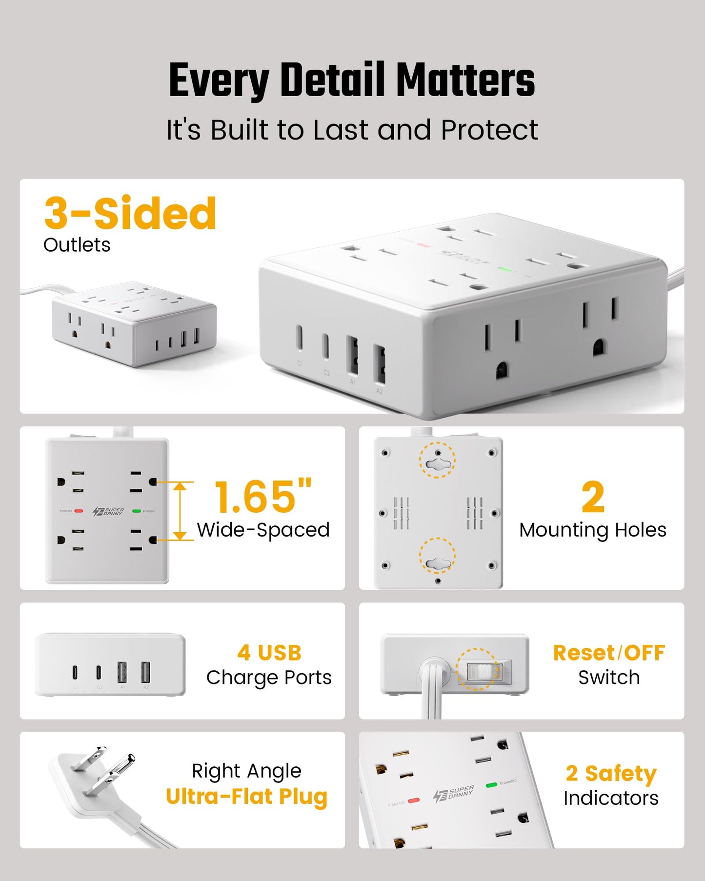 Surge Protector Power Bar, SUPERDANNY 6 Ft Extension Cord with 8 Outlets & 4USB Ports (2 USB 2 C), Mountable Flat Plug Power Strip, Surge Protection for Home, Office, Dorm
