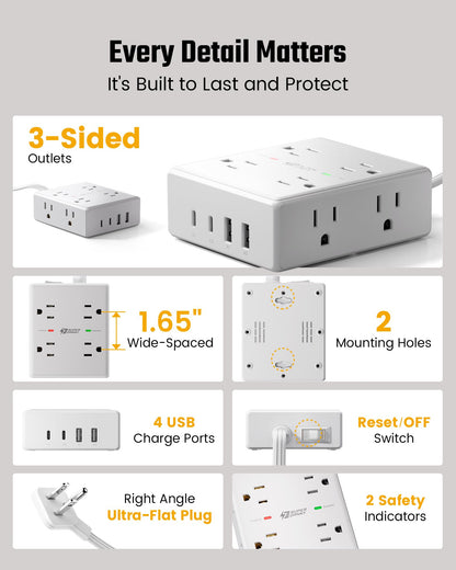 Surge Protector Power Bar, SUPERDANNY 6 Ft Extension Cord with 8 Outlets & 4USB Ports (2 USB 2 C), Mountable Flat Plug Power Strip, Surge Protection for Home, Office, Dorm