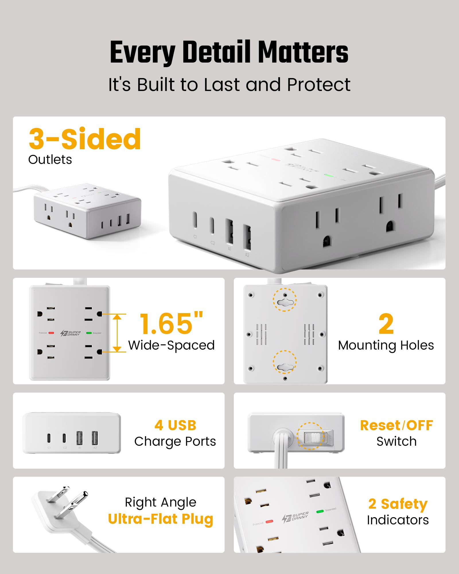 Surge Protector Power Bar, SUPERDANNY 10 Ft Extension Cord with 8 Outlets & 4USB Ports (2 USB 2 C), Mountable Flat Plug Power Strip, Surge Protection for Home, Office, Dorm