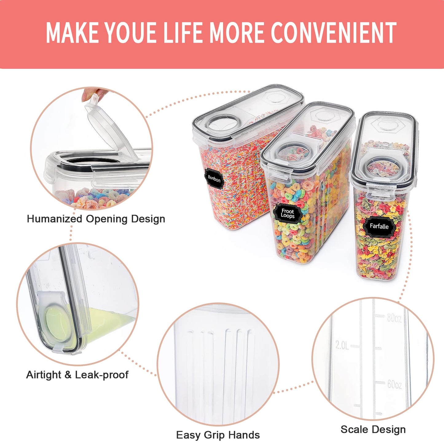 Large Dry Food Storage Containers with Lids, PRAKI 6PCS 4L Airtight Cereal Containers Storage, Leak-proof Canister Set for Kitchen Pantry Organizers and Storage with 20 Labels & Marker - Available at All In One Marketplace Canada