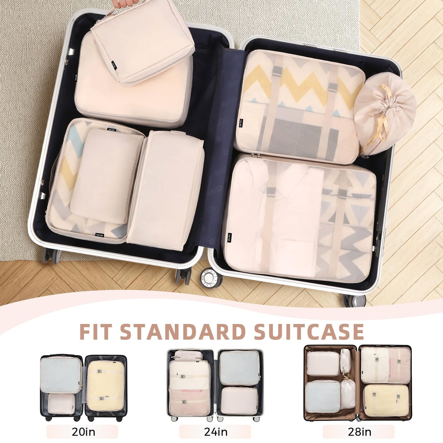 BAGAIL 8 Set Packing Cubes, Lightweight Travel Luggage Organizers with Shoe Bag, Toiletry Bag & Laundry Bag (Cream) - Available at All In One Marketplace Canada