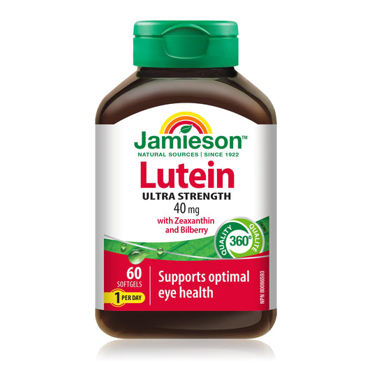 Jamieson Ultra Strength Lutein 40 mg, with Zeaxanthin and Bilberry, Supports Eye Health, and Helps Reduce the Risk of Developing Cataracts. Non-GMO, Gluten-Free, 60 Softgels, Proudly Canadian - Available at All In One Marketplace Canada