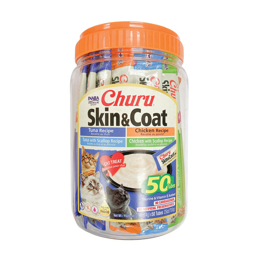 INABA Churu for Skin & Coat, Lickable, Squeezable Cat Treat with Omega Oils, Taurine and Vitamin E, 14 Grams Each Tube, 50 Tubes, Skin & Coat Variety