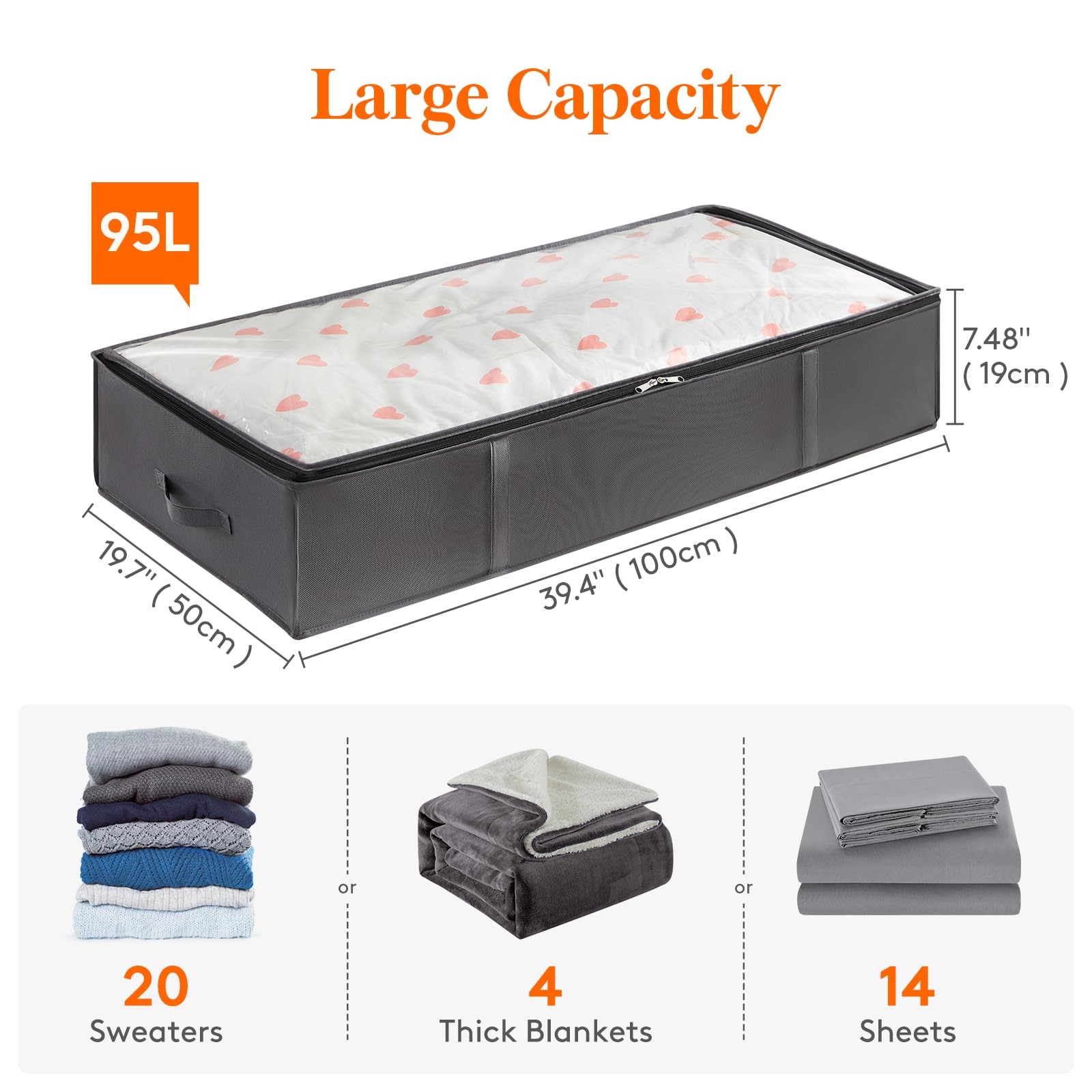 Lifewit 4 Pack 95L Under Bed Storage Bins, Foldable Closet Organizers and Storage Containers,Underbed Storage Bags with Reinforced Handle for Blanket,Clothing,Comforter, Sheets,Wrapping Paper, Grey - Available at All In One Marketplace Canada