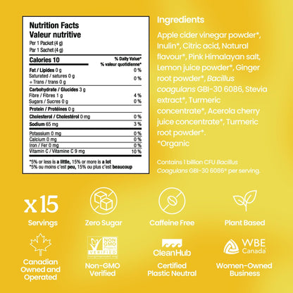 Blume SuperBelly Packets, Sugar-Free, Apple Cider Vinegar - Lemon Ginger, 15 Sticks - Canadian Brand