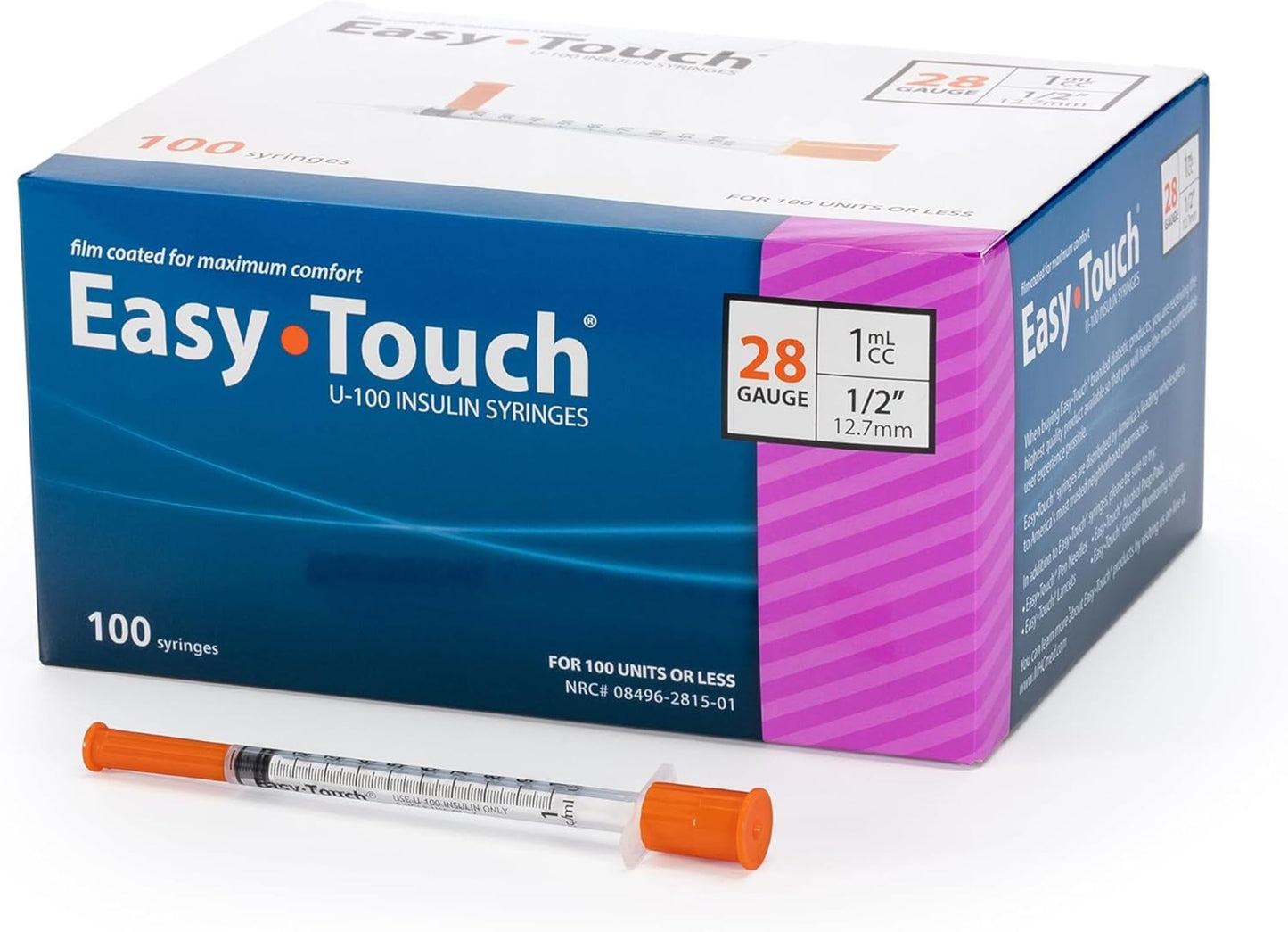 Easy Touch 28 Gauge U-100 Insulin Syringes (28G 1cc 1/2”) with 1/2” Long Needle, 1cc (100 Unit Capacity), Bold Markings for Accurate Dosing, Disposable, Box of 100 - Available at All In One Marketplace Canada