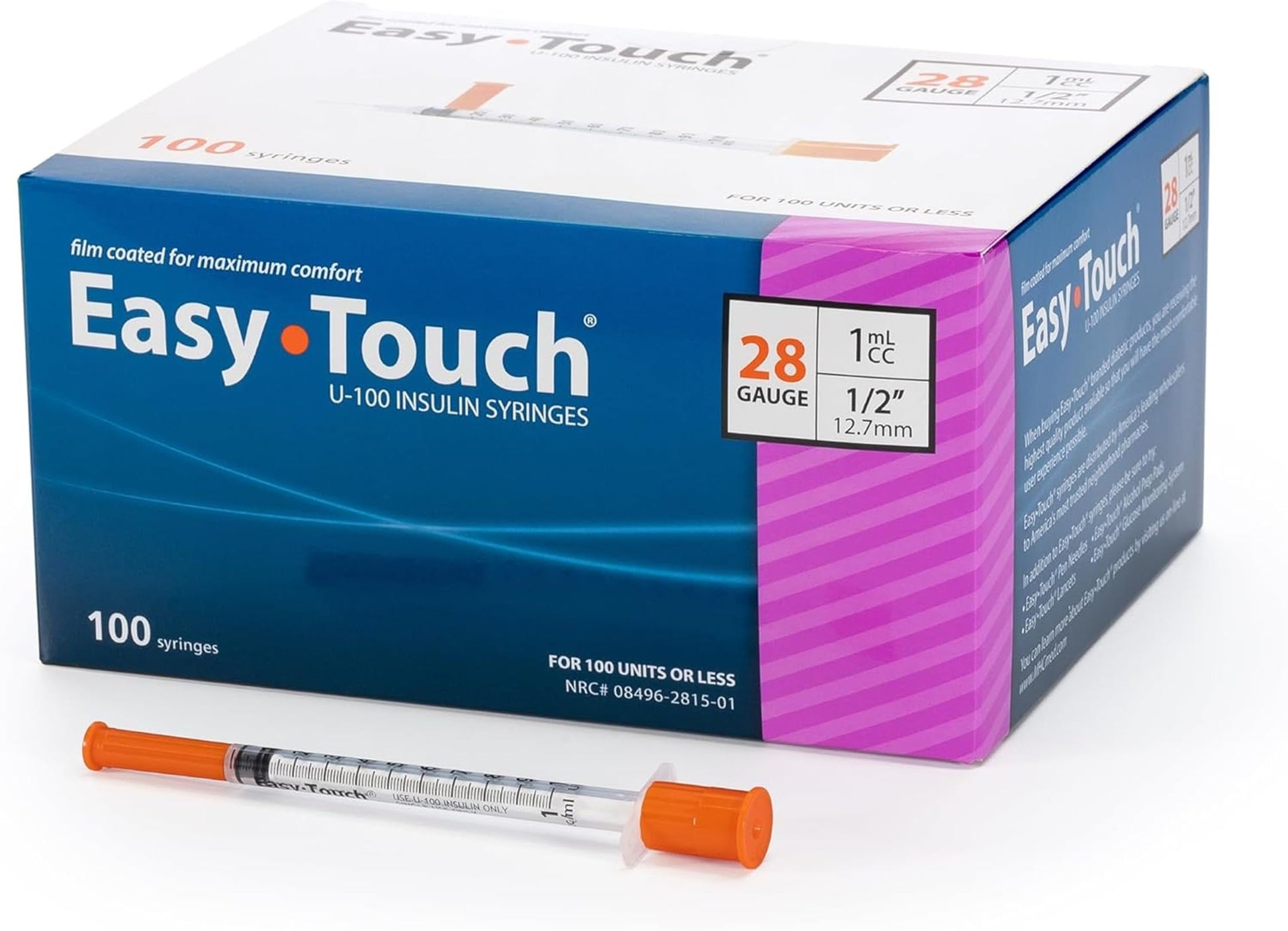 Easy Touch 28 Gauge U-100 Insulin Syringes (28G 1cc 1/2”) with 1/2” Long Needle, 1cc (100 Unit Capacity), Bold Markings for Accurate Dosing, Disposable, Box of 100 - Available at All In One Marketplace Canada