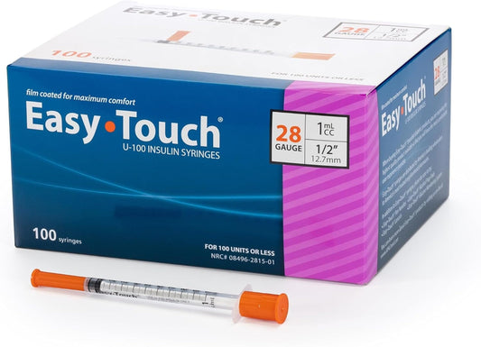 Easy Touch 28 Gauge U-100 Insulin Syringes (28G 1cc 1/2”) with 1/2” Long Needle, 1cc (100 Unit Capacity), Bold Markings for Accurate Dosing, Disposable, Box of 100 - Available at All In One Marketplace Canada