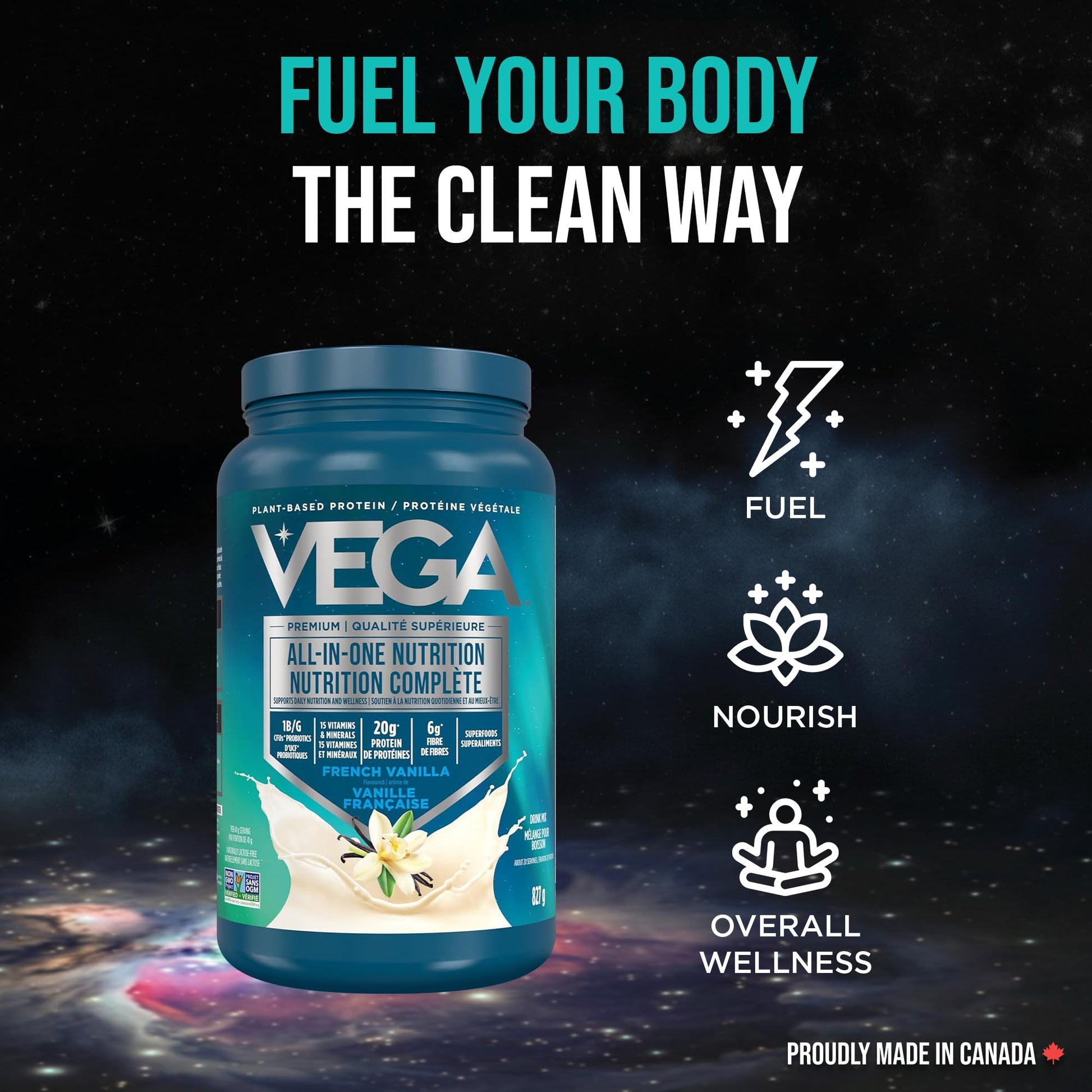 Vega Premium All-in-One Nutrition Protein Powder – 20g Plant-Based Vegan Protein, Vitamins & Probiotics, Vanilla, 827g (20 Servings)