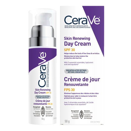CeraVe Skin Renewing Day Cream SPF 30, Anti-aging Daily Moisturizing Cream with Encapsulated Retinol, Ceramides & Hyaluronic Acid, Fragrance Free, Recommended by Dermatologists, 50g - Available at All In One Marketplace Canada